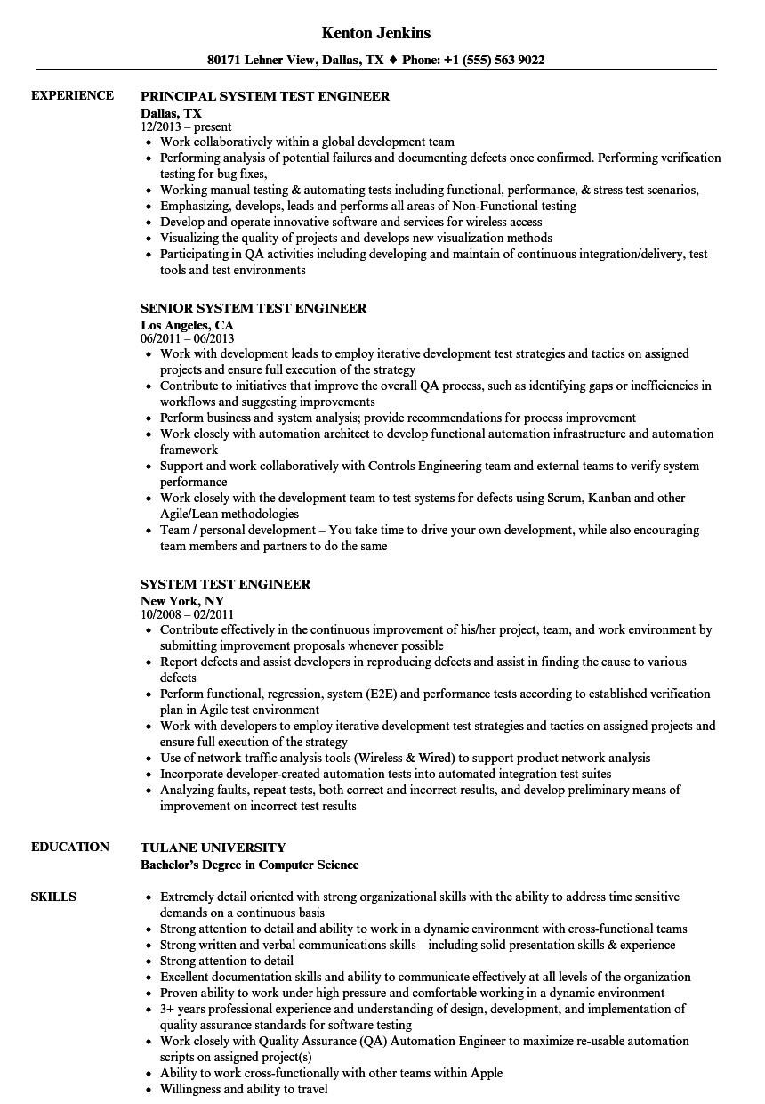 System Test Engineer Resume Samples | Velvet Jobs