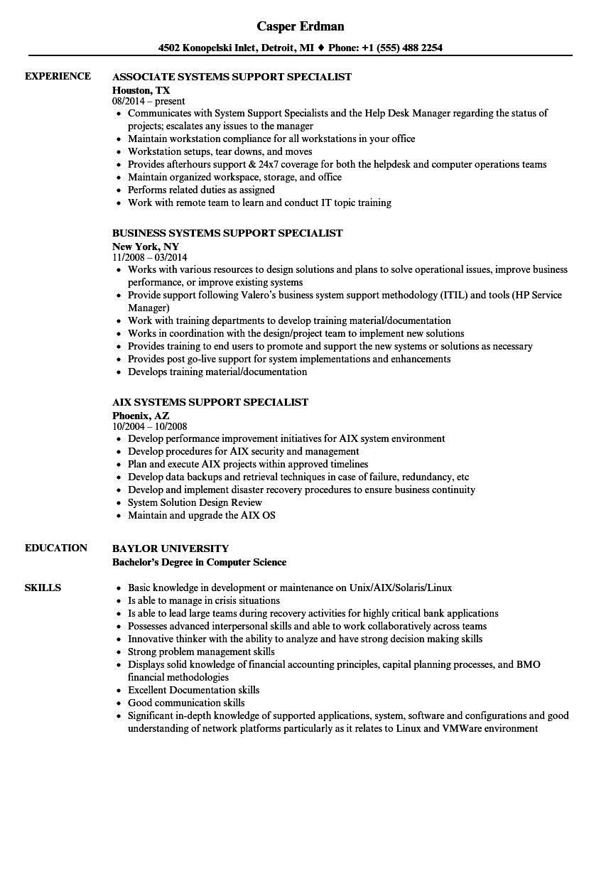 Systems Support Specialist Resume Samples Velvet Jobs