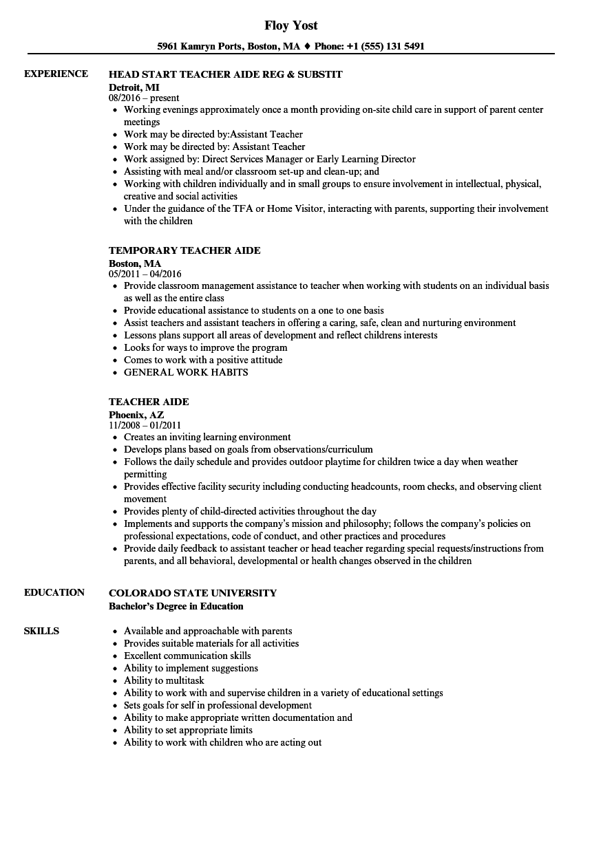 resume examples for teachers aide