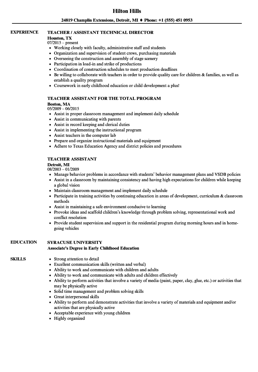 Teacher Assistant Resume Samples  Velvet Jobs