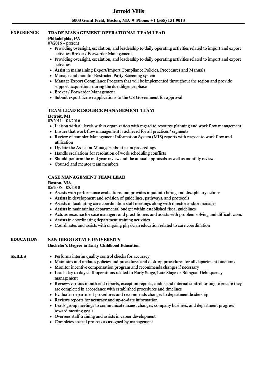 Team Lead Management Resume Samples Velvet Jobs