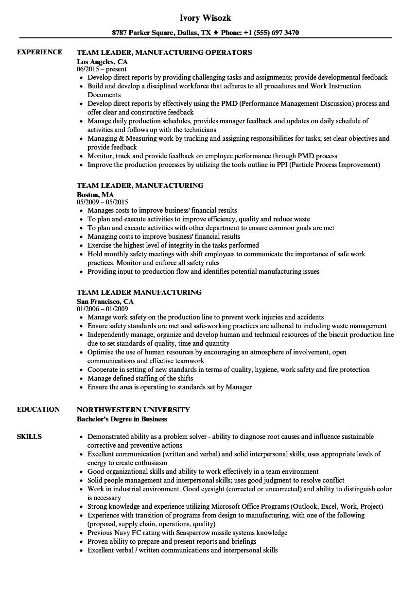 sample resume for team leader in manufacturing