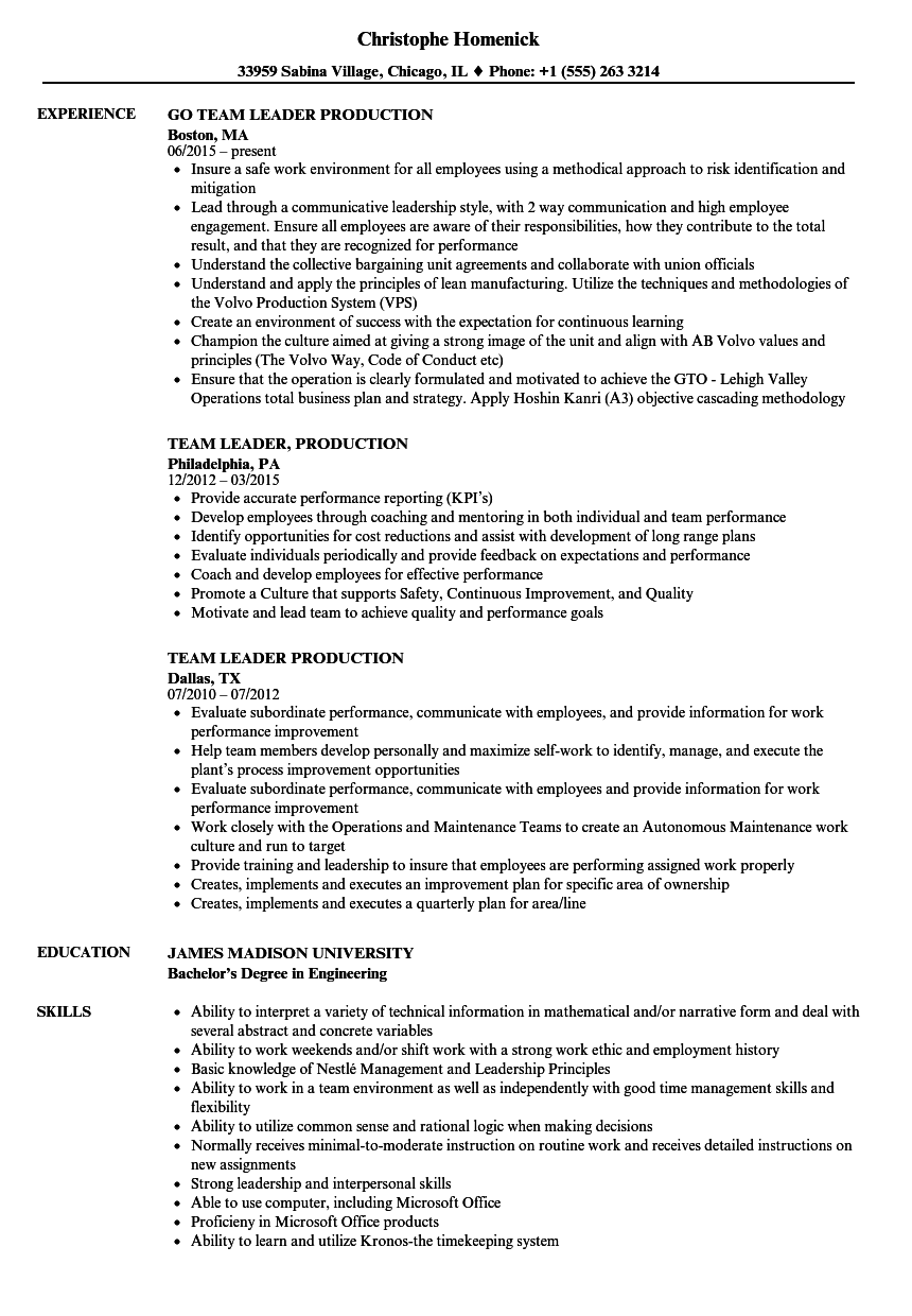 Manufacturing team leader resume December 2020