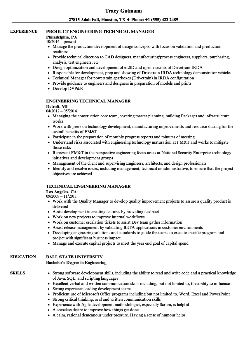 Technical Engineering Manager Resume Samples | Velvet Jobs