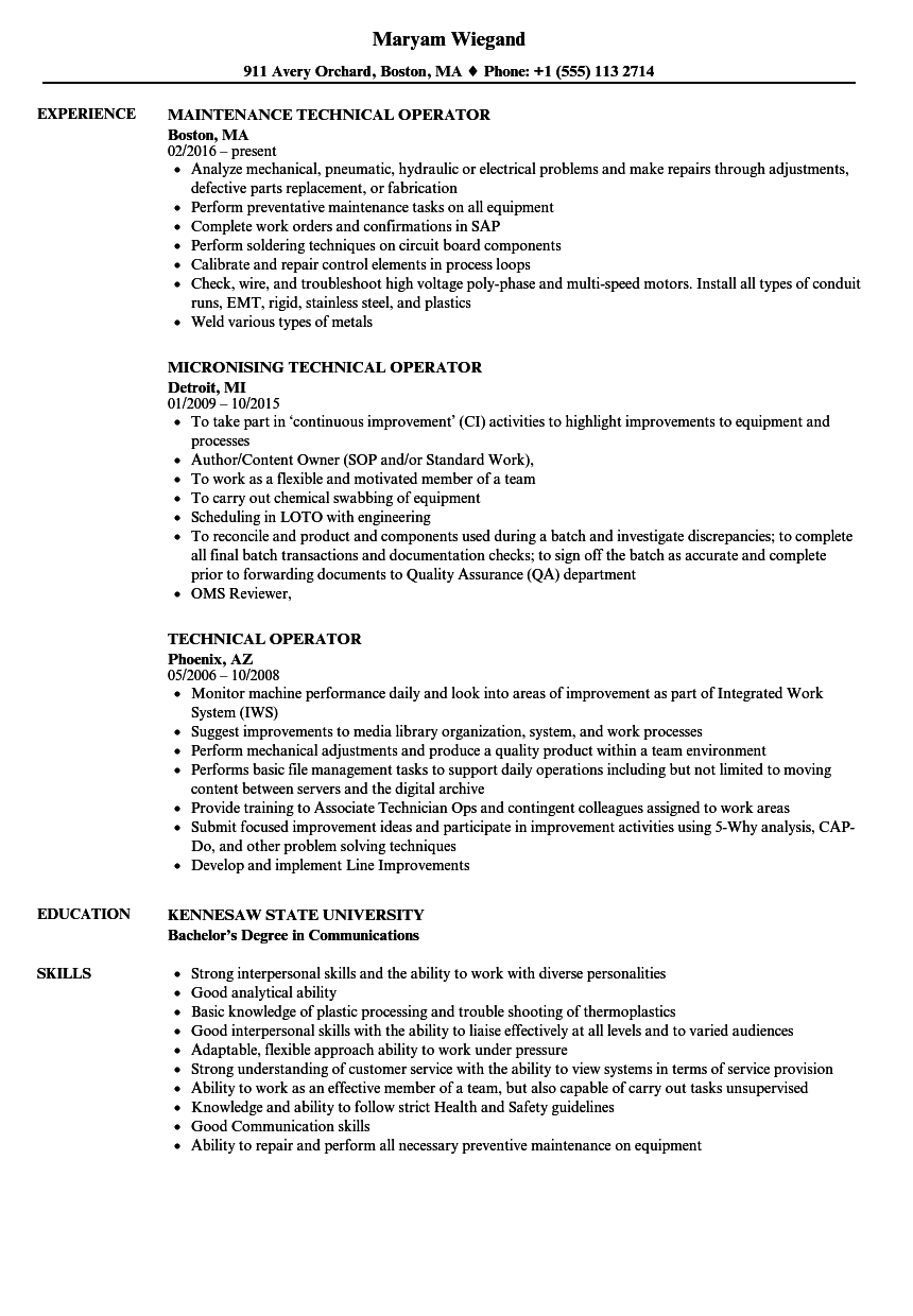 Technical Operator Resume Samples | Velvet Jobs