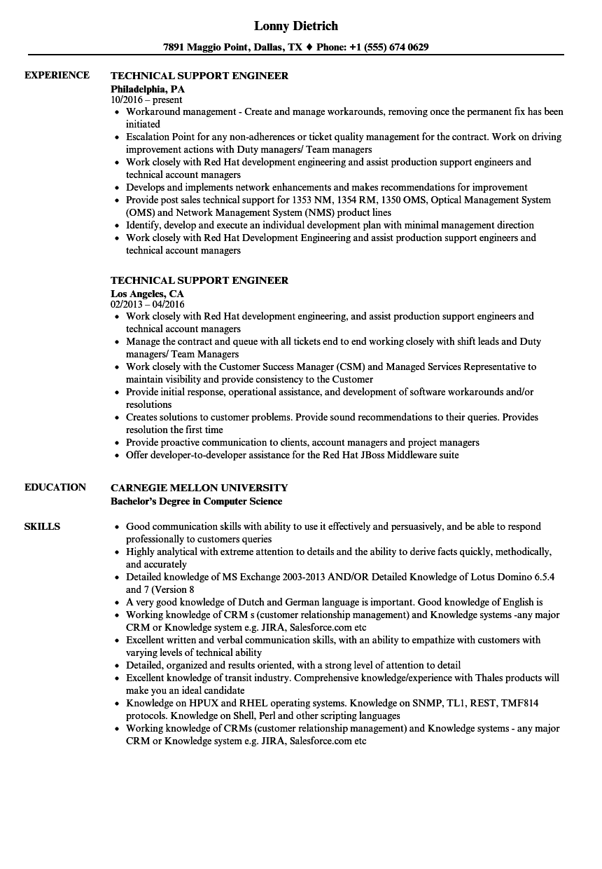 technical support engineer resume samples