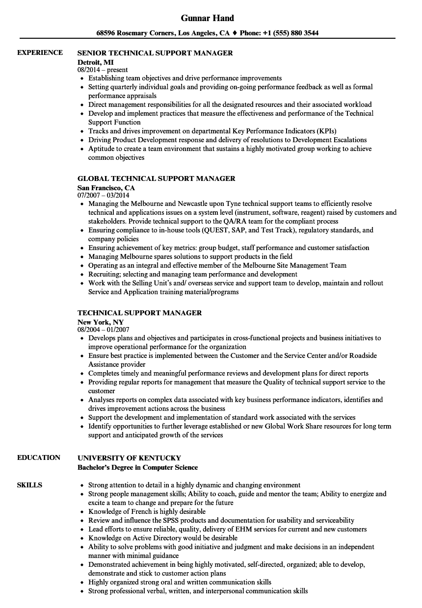 Technical Support Manager Resume Samples  Velvet Jobs