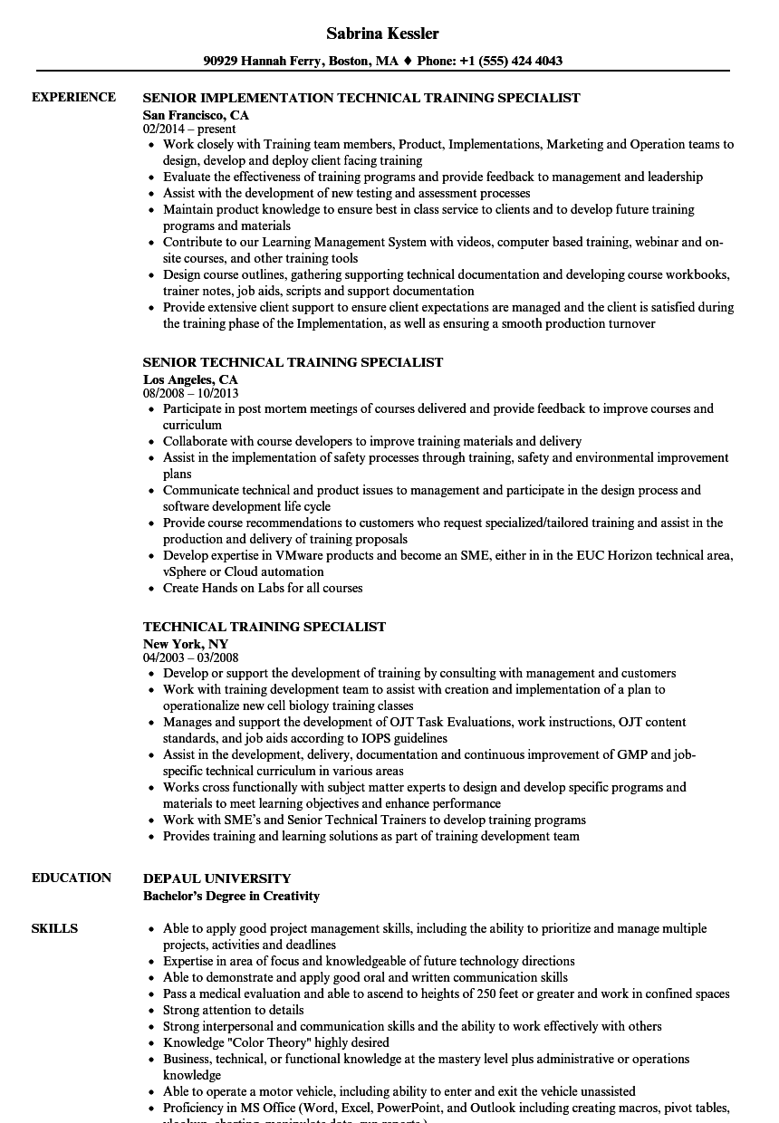 Technical Training Specialist Resume Samples  Velvet Jobs