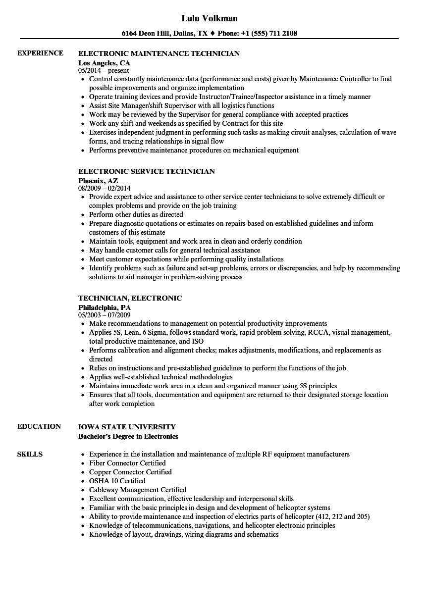 Technician, Electronic Resume Samples | Velvet Jobs