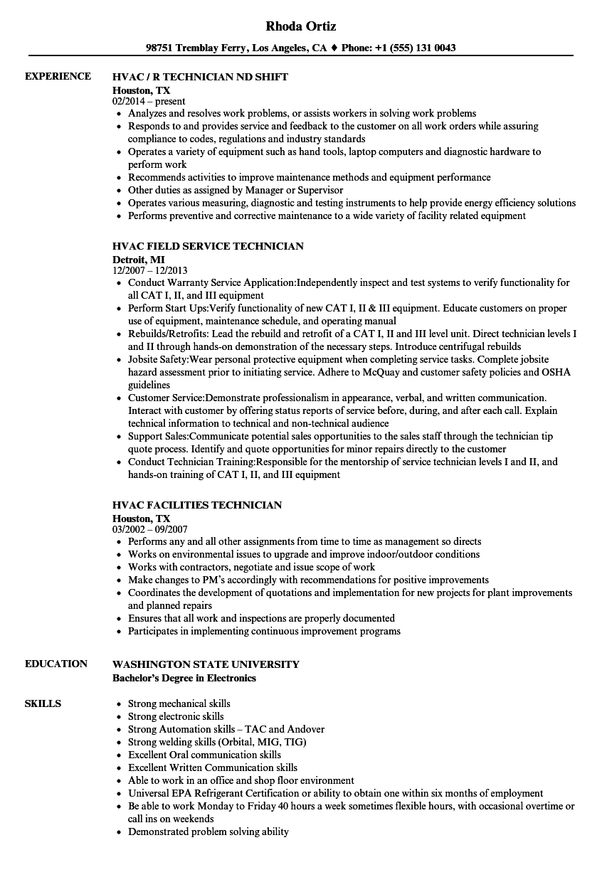 Technician Hvac Resume Samples Velvet Jobs