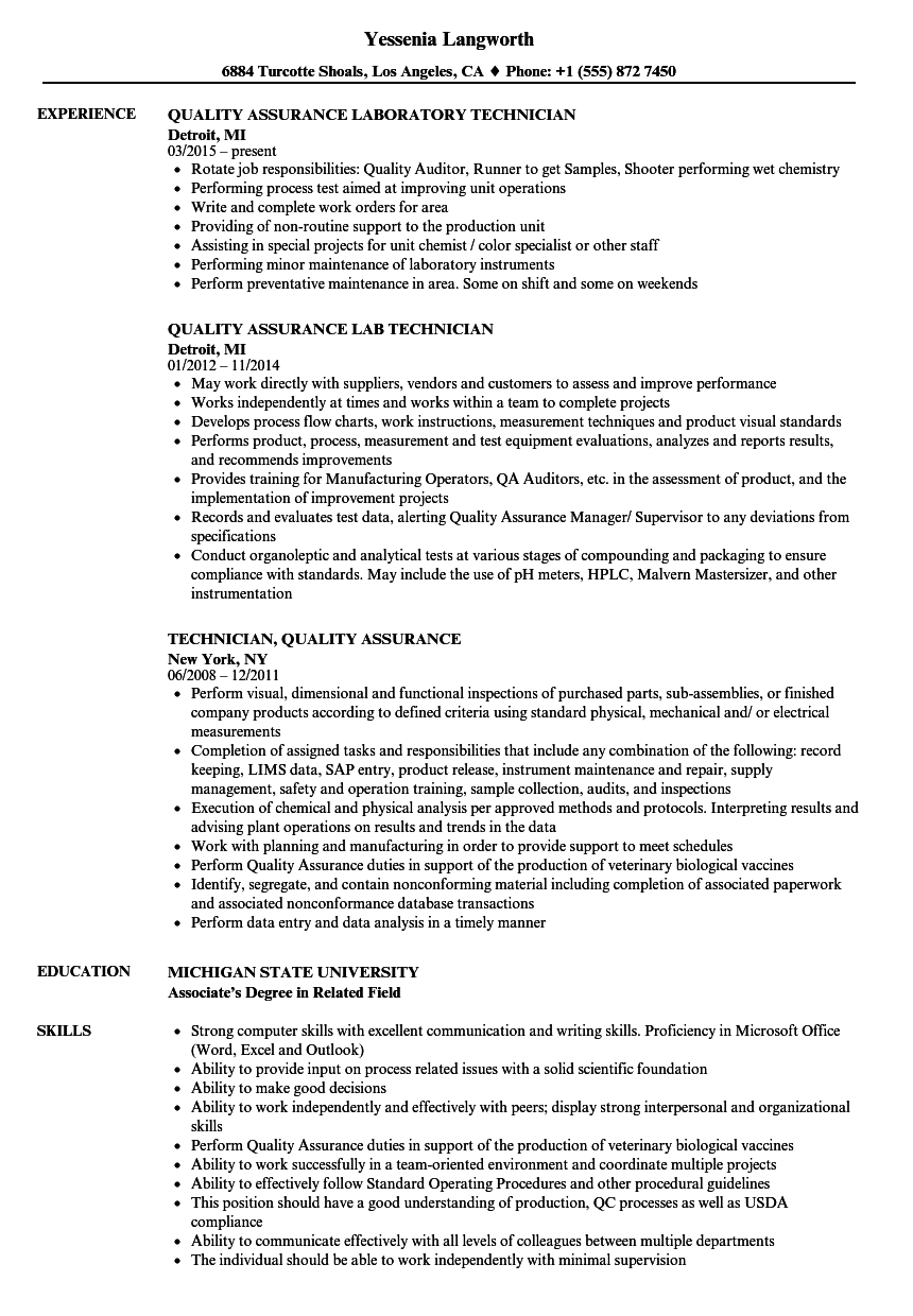 Quality Assurance Job Resume Sample