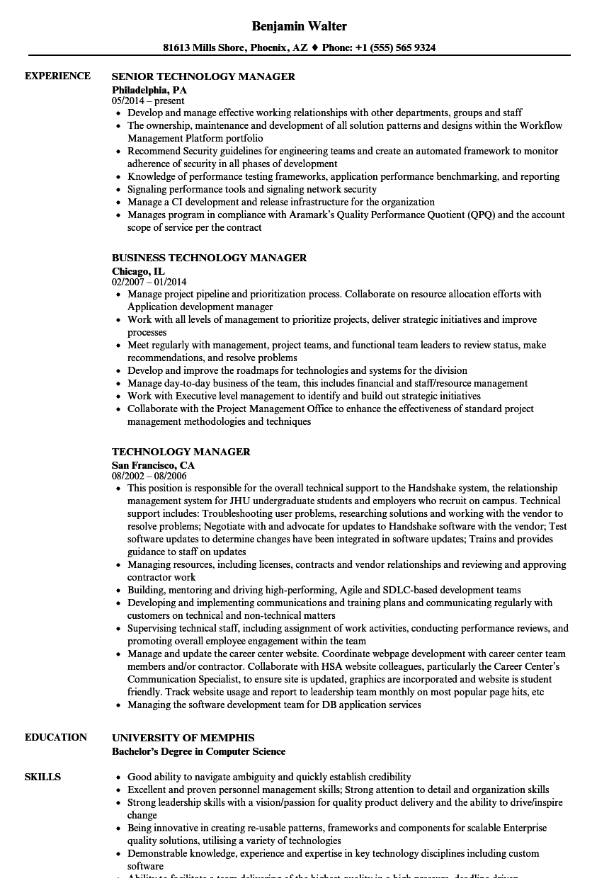 Technology Manager Resume Samples Velvet Jobs