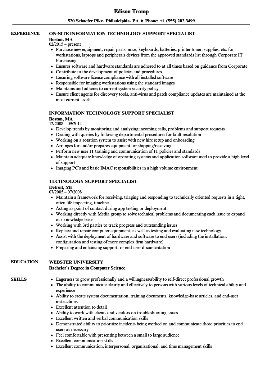 Technology Support Specialist Resume Samples Velvet Jobs