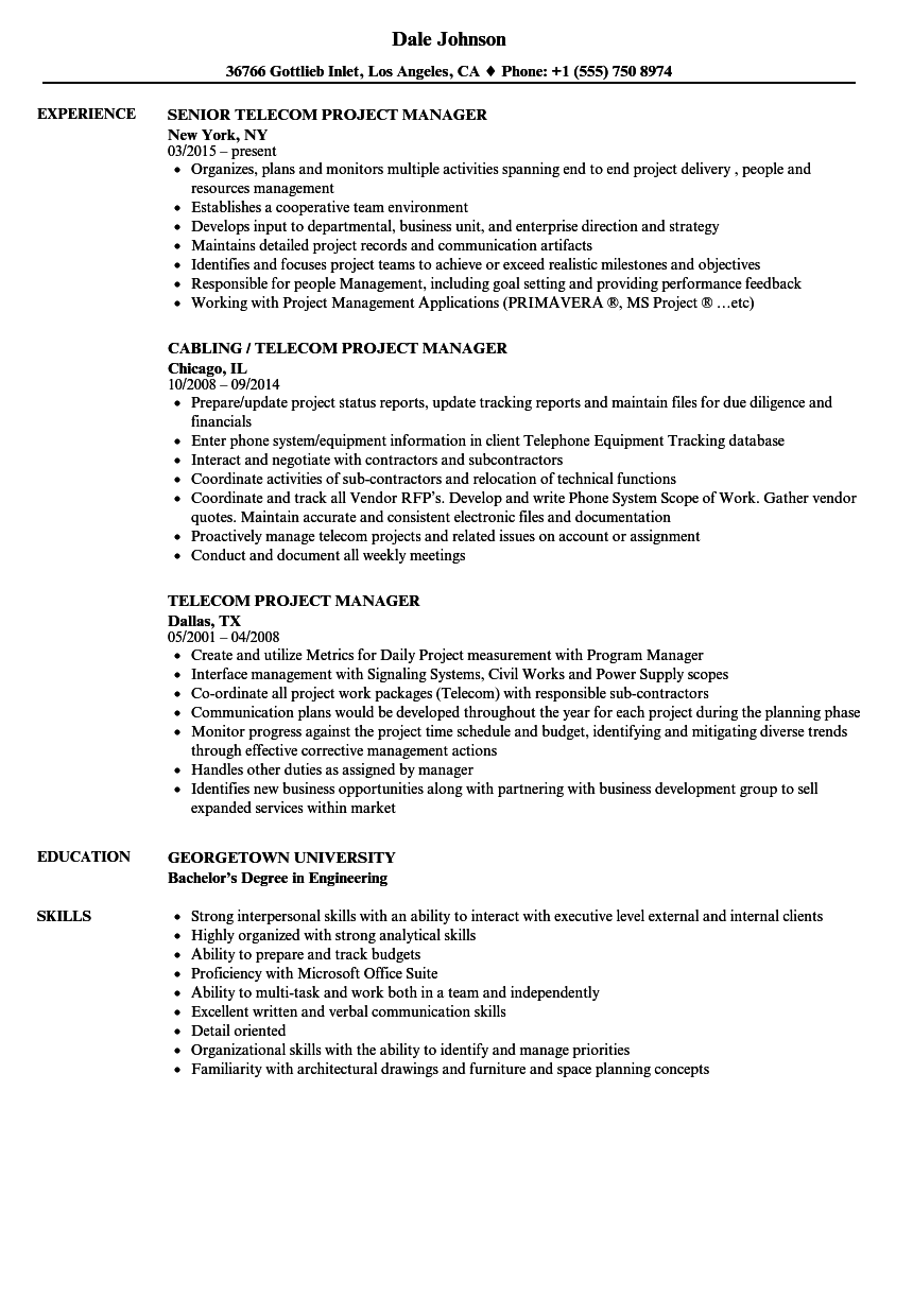 sample resume for project manager in telecom