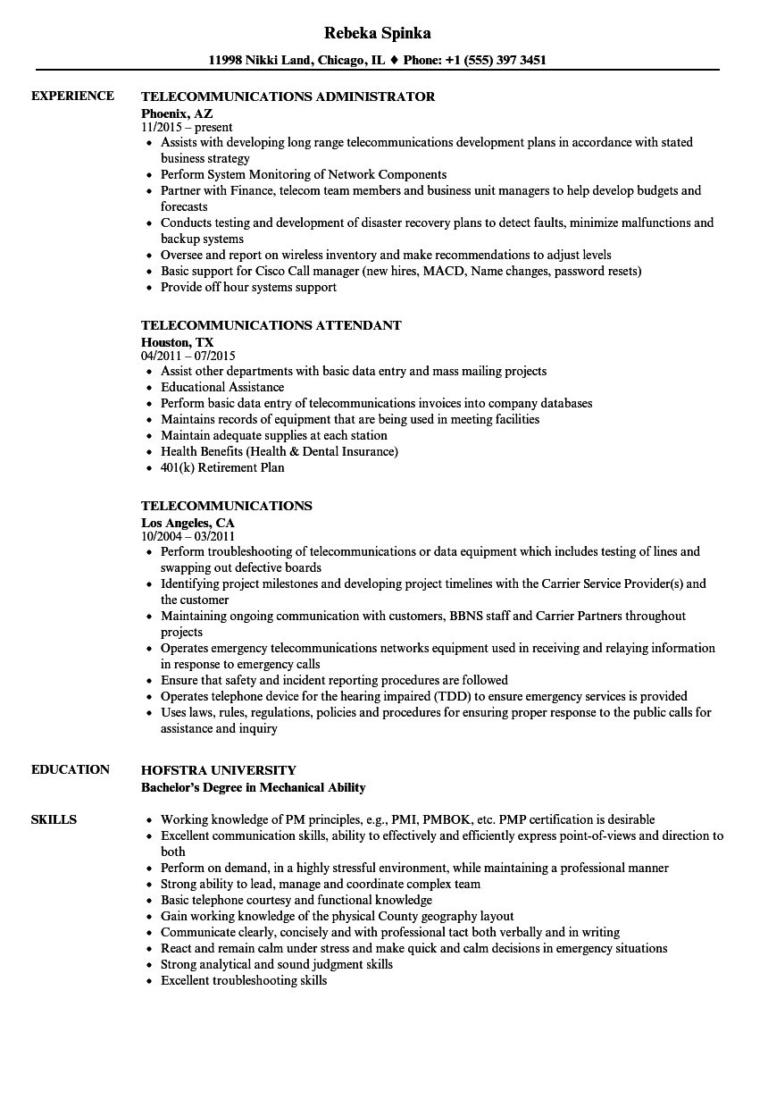 Telecommunications Resume Samples Velvet Jobs