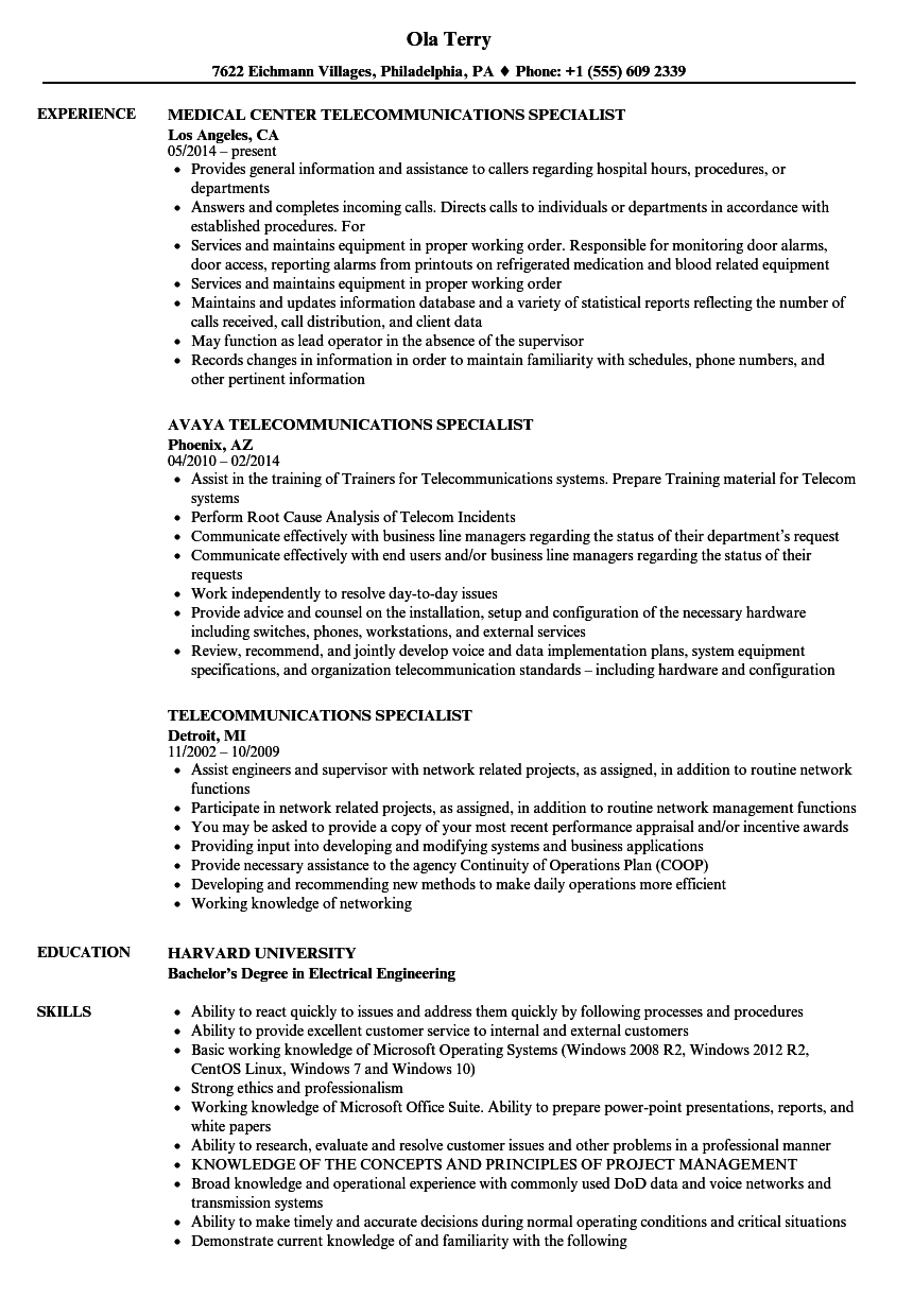 telecommunications specialist resume sample