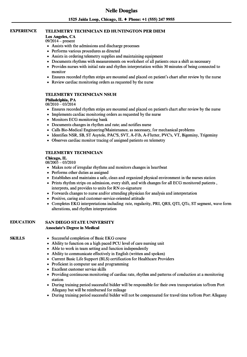 Telemetry Technician Resume Samples | Velvet Jobs