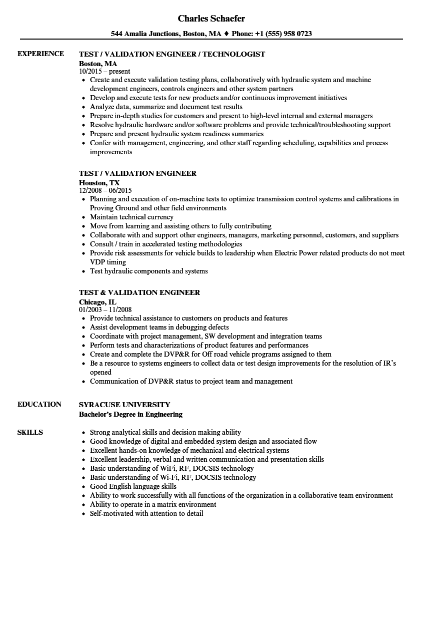 Test Validation Engineer Resume Samples Velvet Jobs