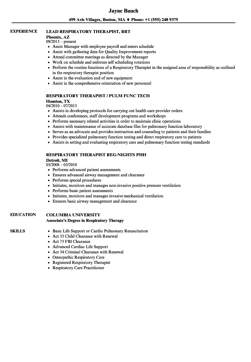 Therapist Respiratory Resume Samples | Velvet Jobs