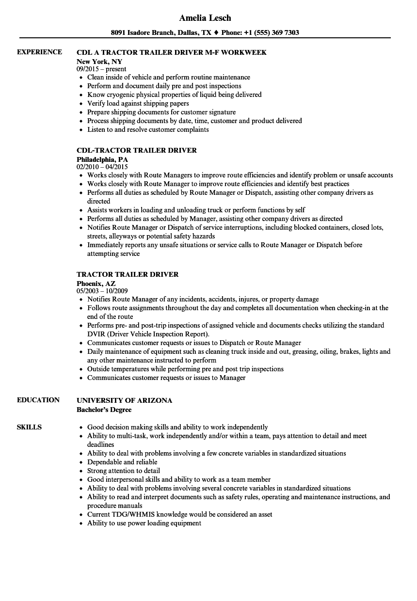 Tractor Trailer Driver Resume Samples | Velvet Jobs