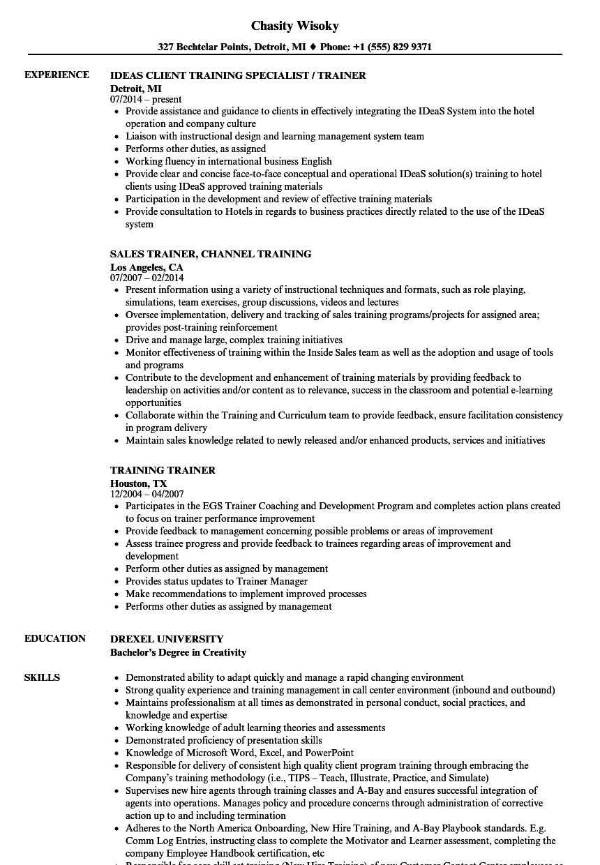 Training Trainer Resume Samples Velvet Jobs