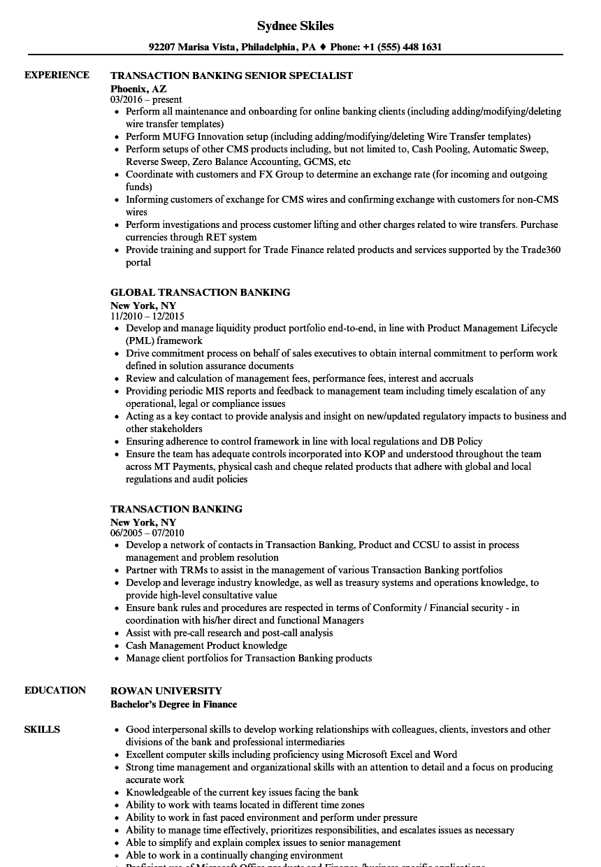 Transaction Banking Resume Samples | Velvet Jobs