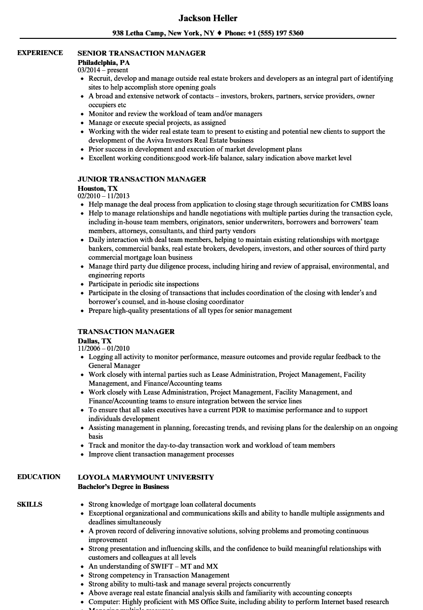 Transaction Manager Resume Samples | Velvet Jobs