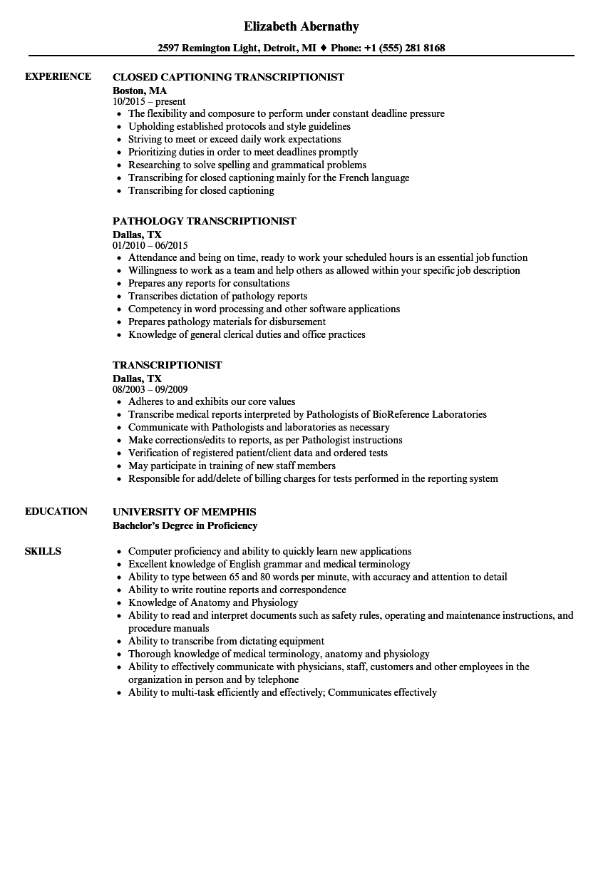 Transcriptionist Resume Samples  Velvet Jobs