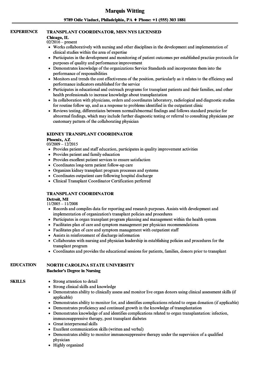 Transplant Coordinator Resume Samples  Velvet Jobs