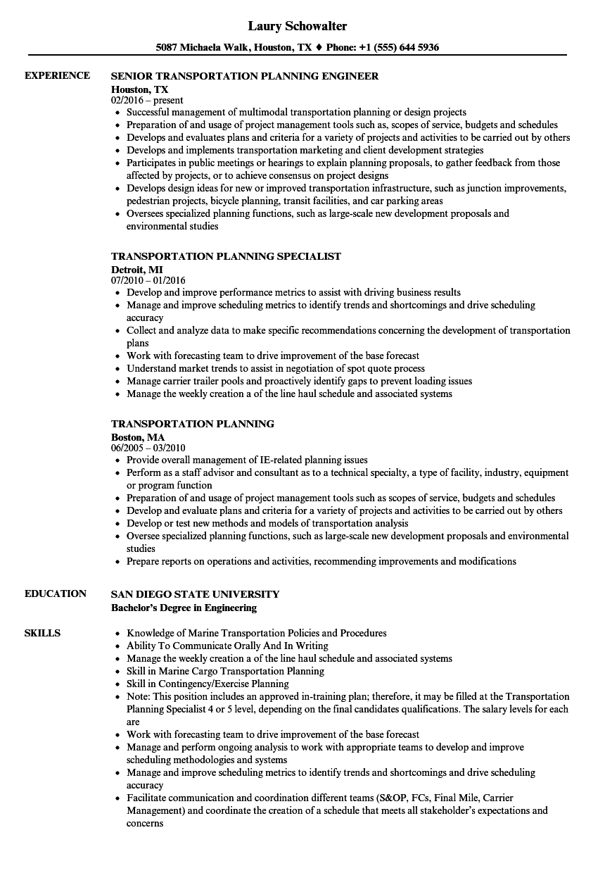 Transportation Planning Resume Samples  Velvet Jobs