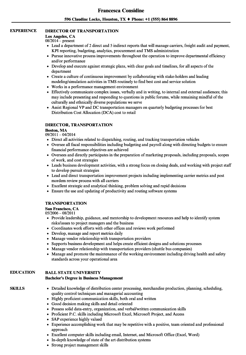 Transportation Resume Examples Transport Informations Lane