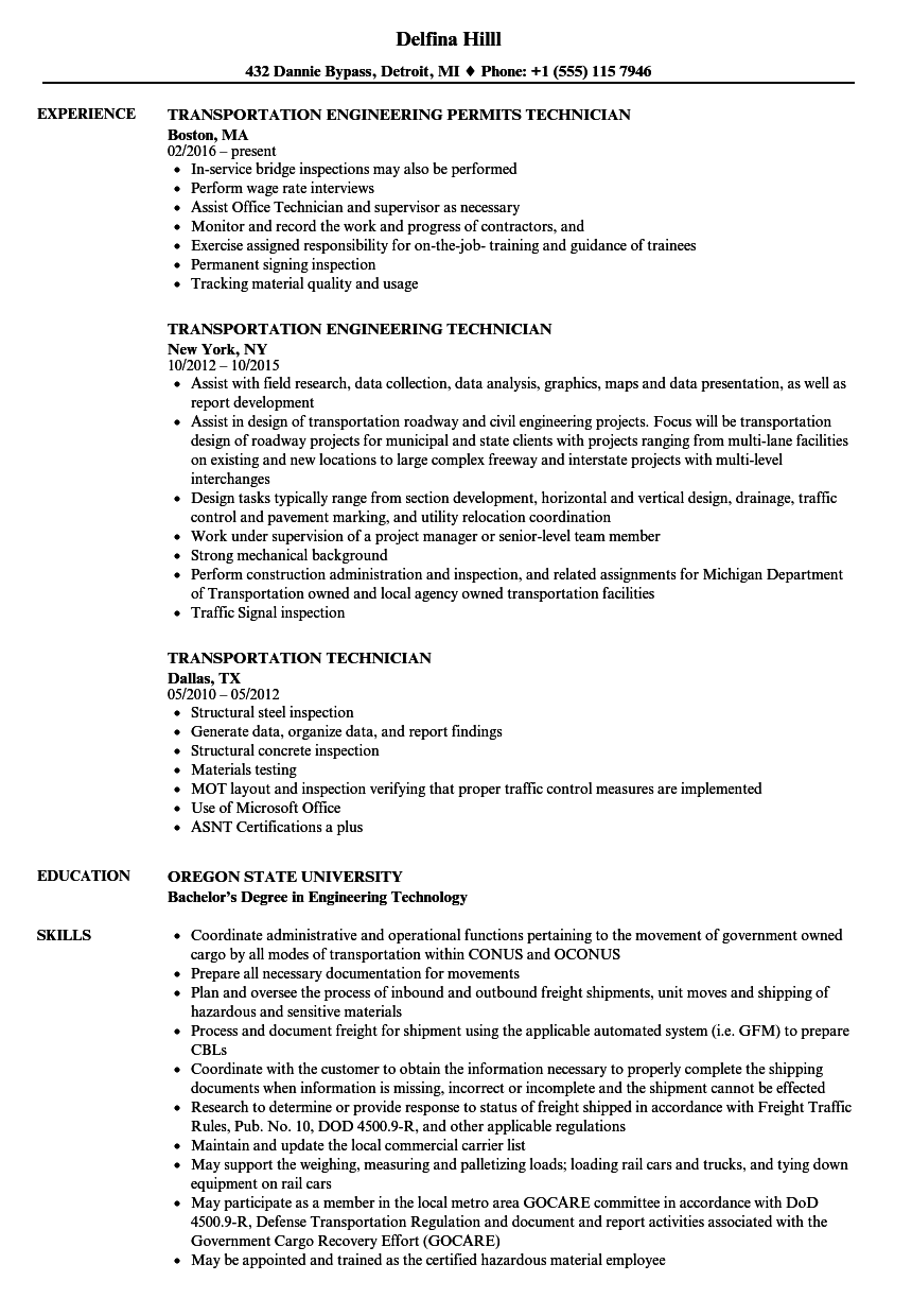 Transportation Technician Resume Samples | Velvet Jobs