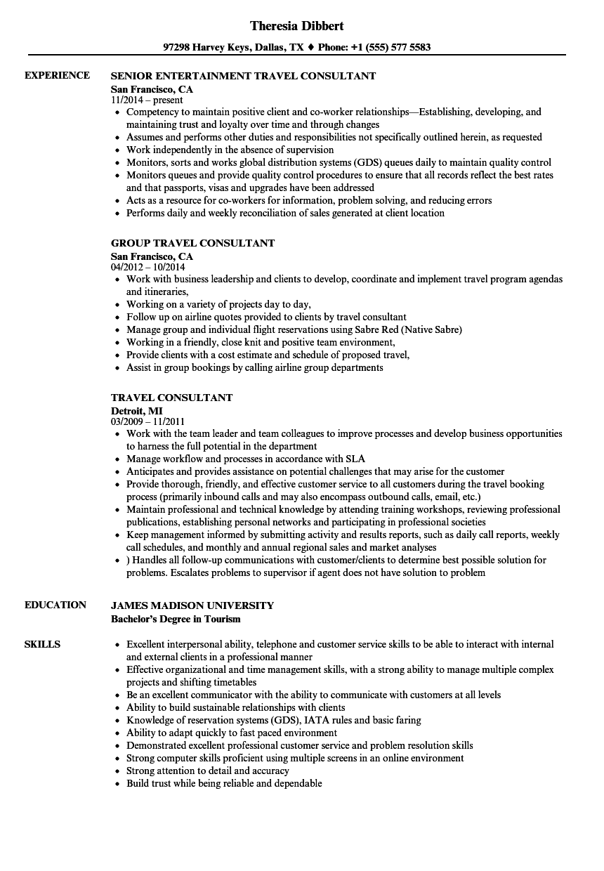 Cv Examples Travel Consultant Travel Consultant Resume