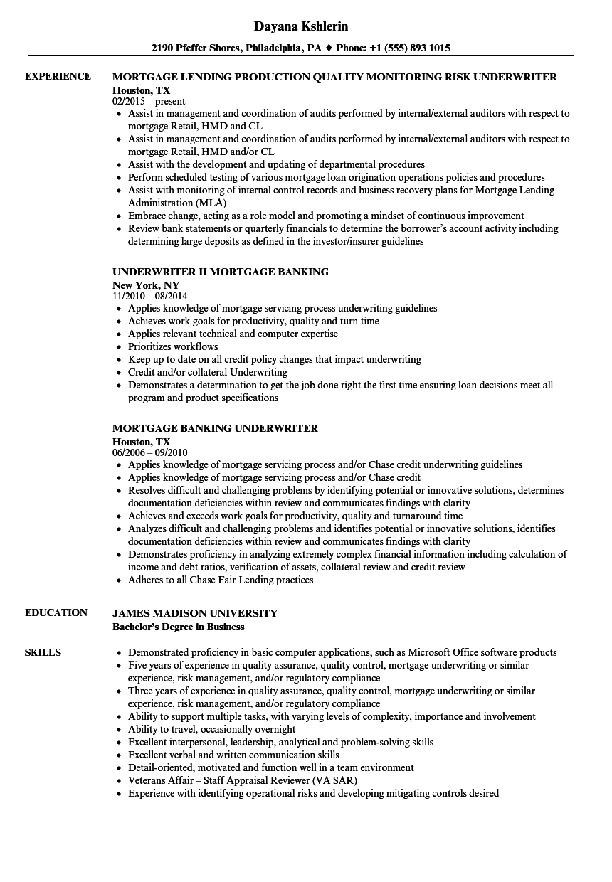 resume examples for underwriters