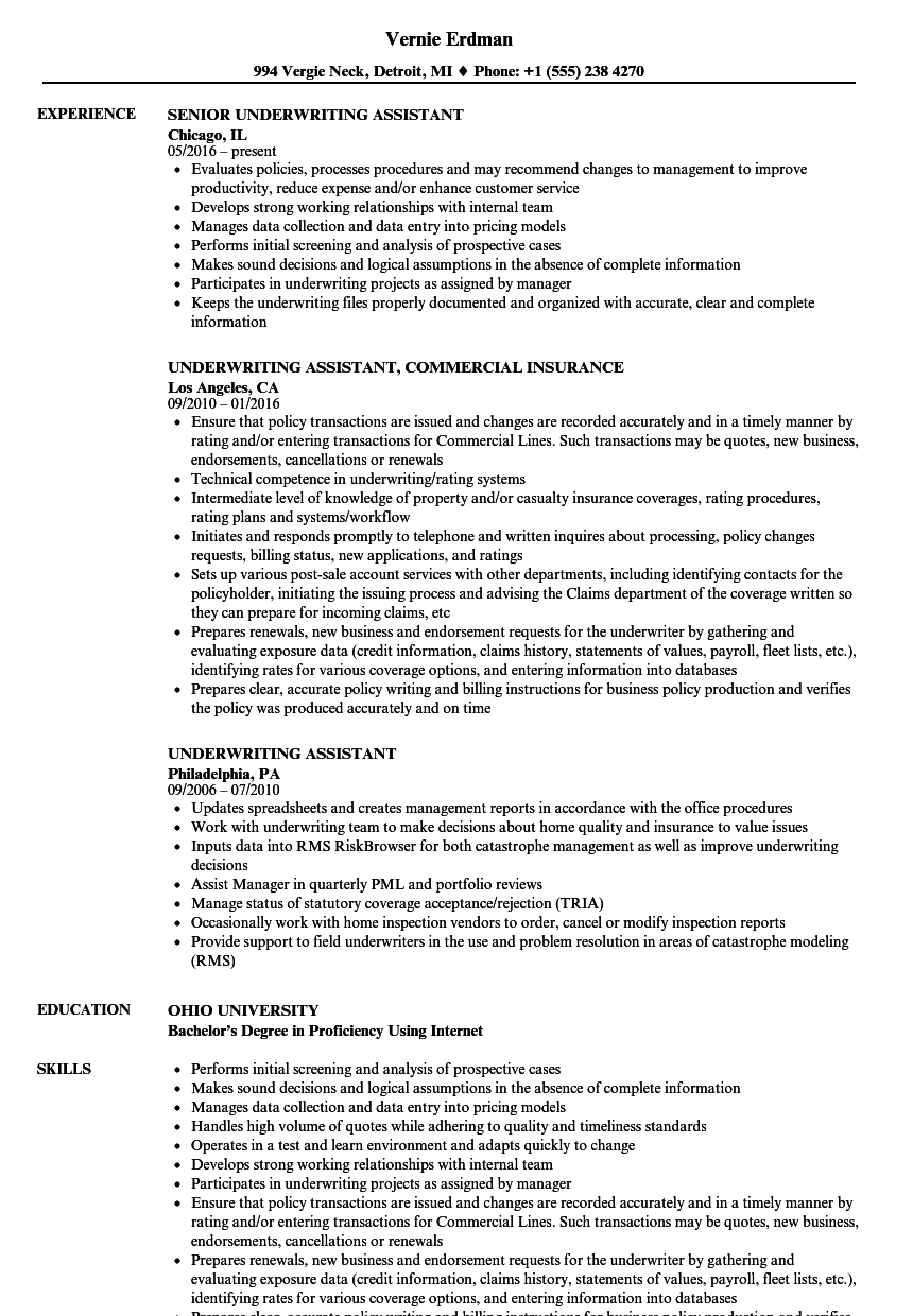 sample resume for underwriting assistant