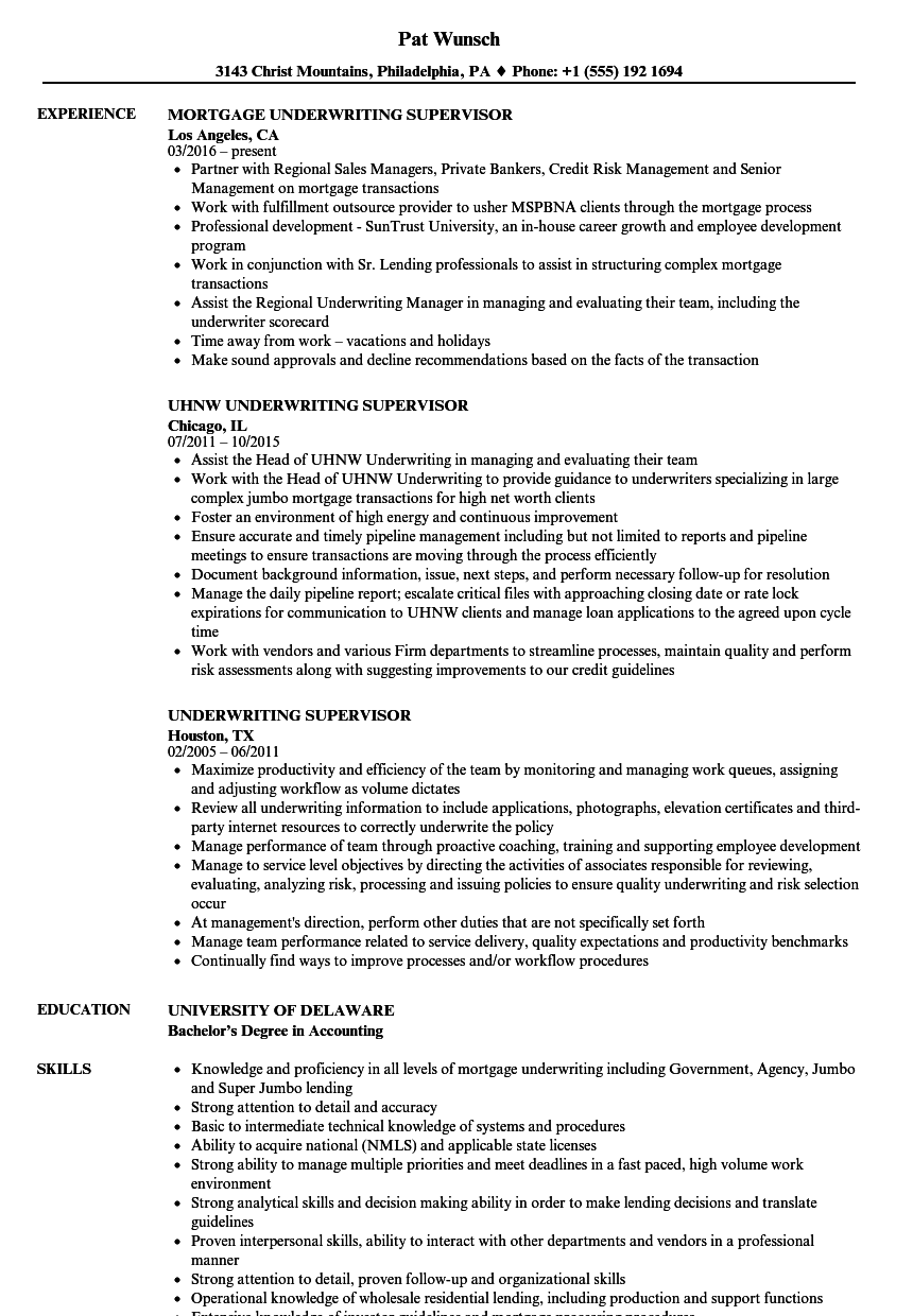 Underwriting Supervisor Resume Samples  Velvet Jobs