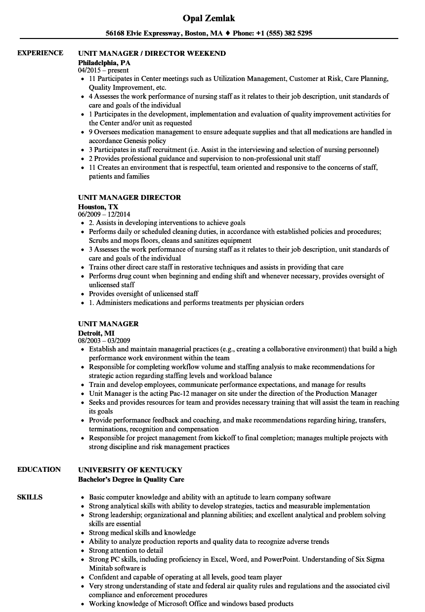 Unit Manager Resume Samples  Velvet Jobs