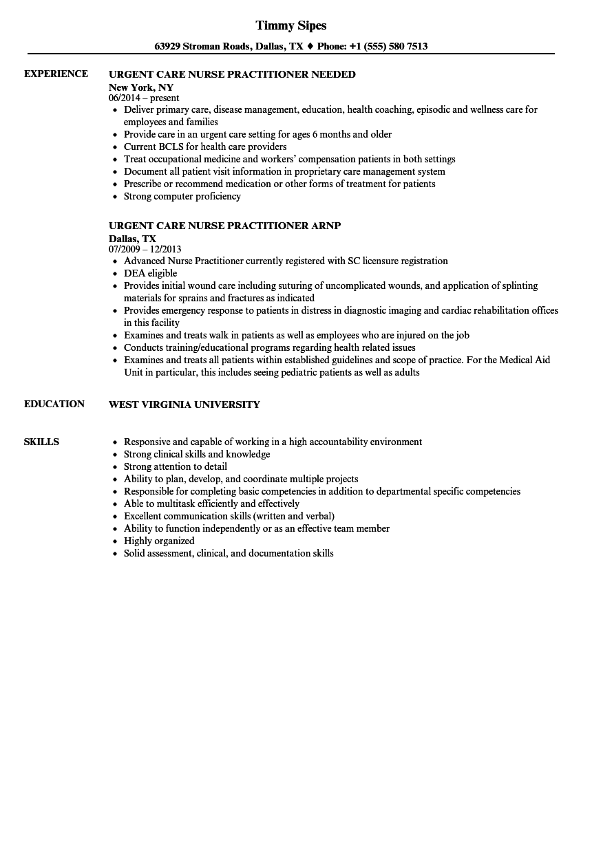 Urgent Care Nurse Practitioner Resume Samples Velvet Jobs