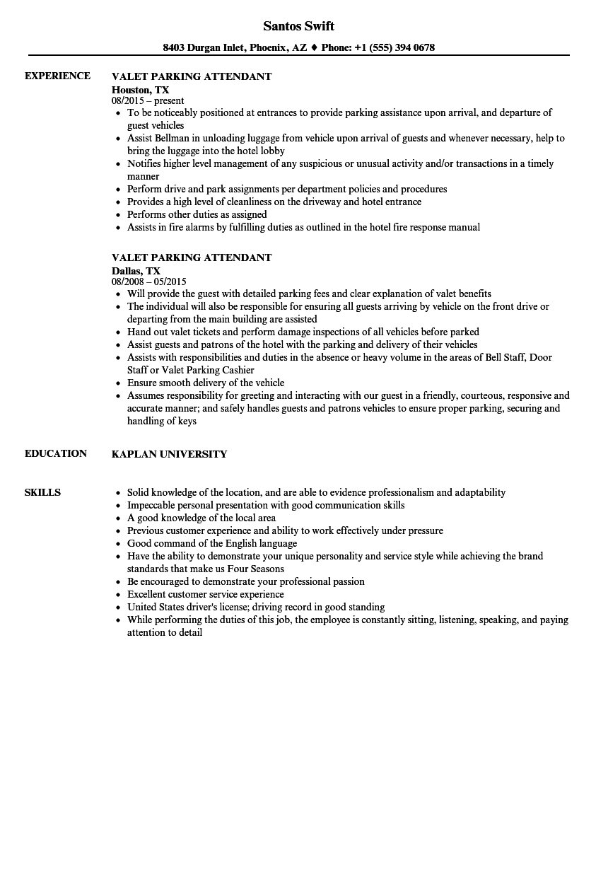 Valet Parking Attendant Resume Samples Velvet Jobs