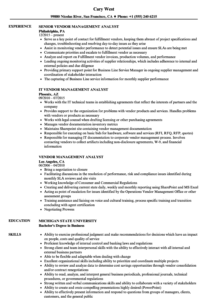 Vendor Management Analyst Resume Samples | Velvet Jobs