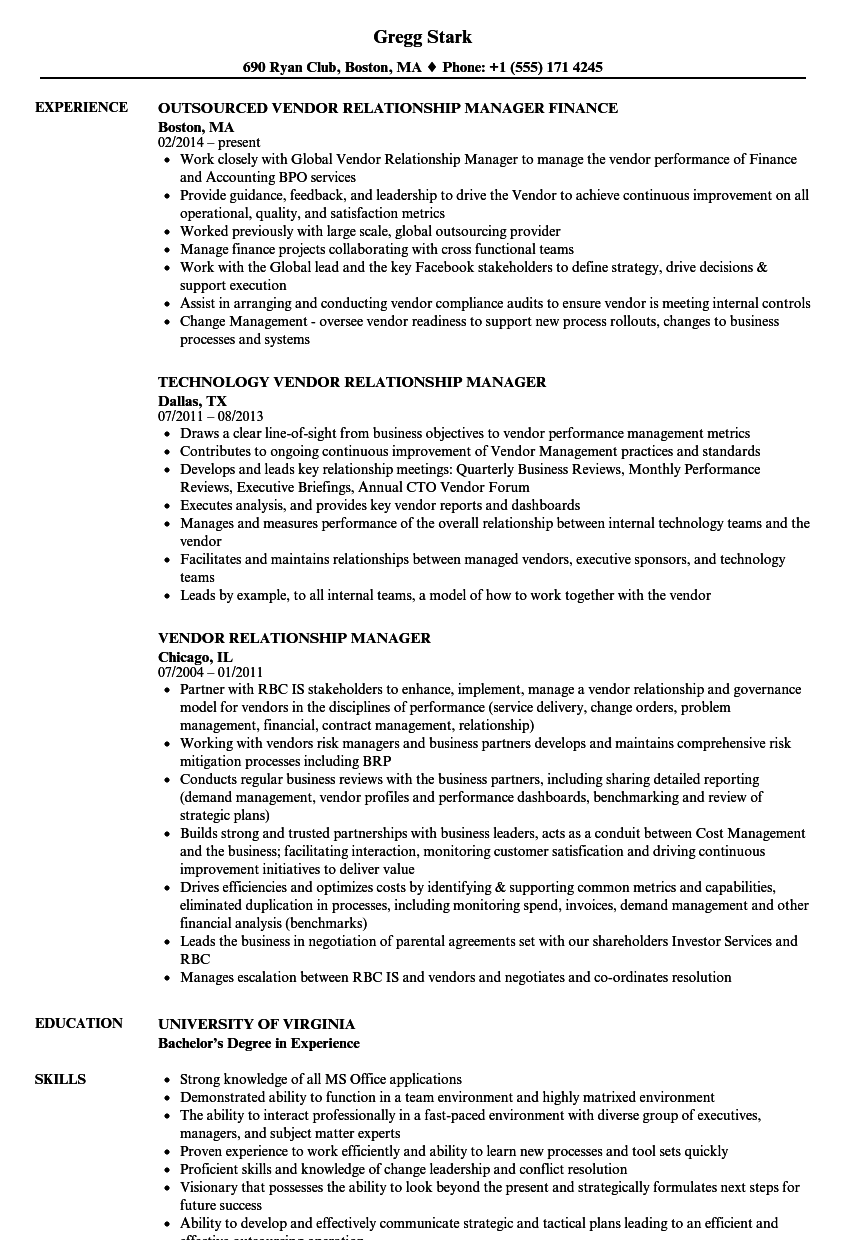 Vendor Relationship Manager Resume Samples | Velvet Jobs