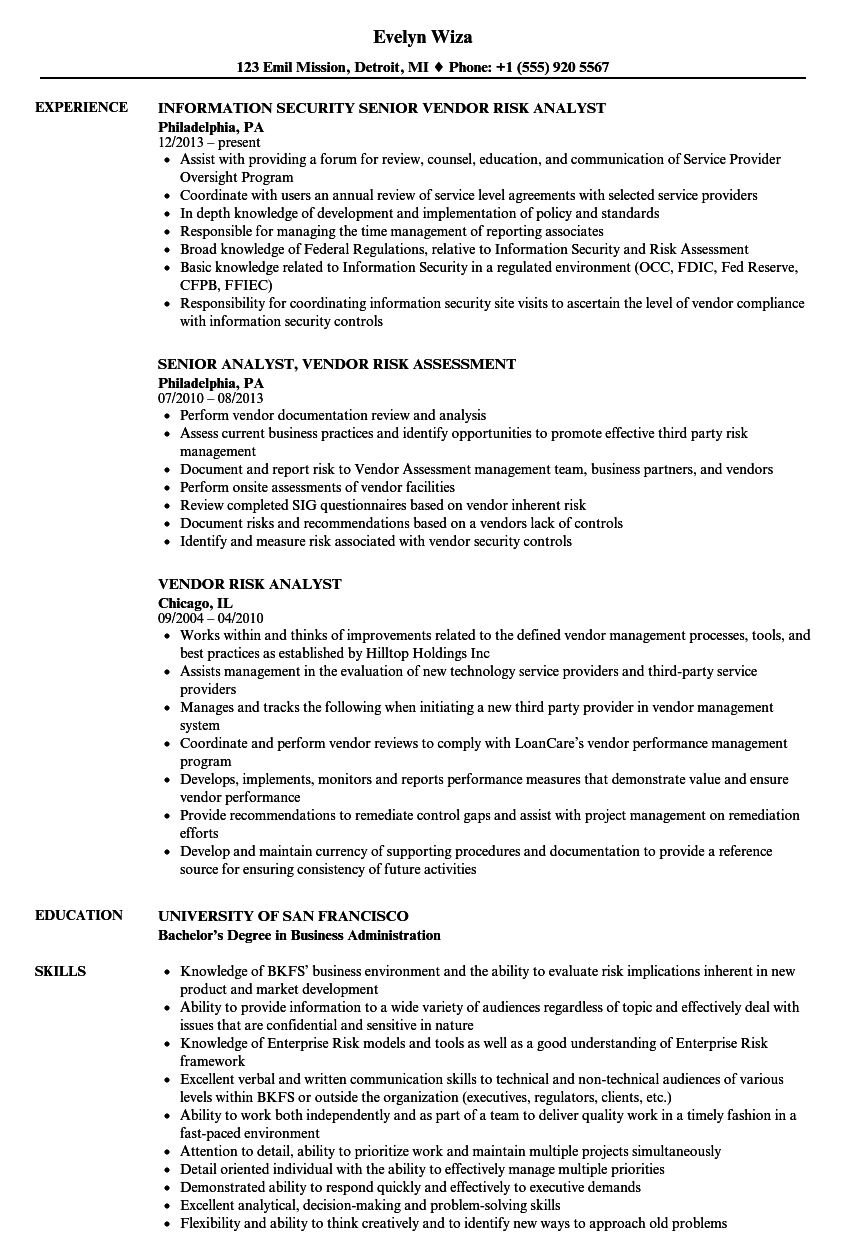 Vendor Risk Analyst Resume Samples | Velvet Jobs