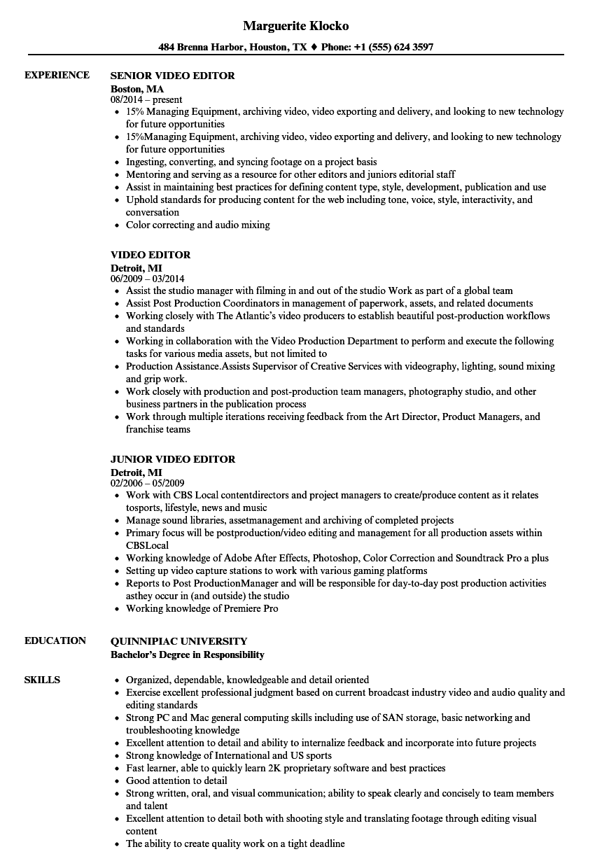 Video Editor Resume Samples Velvet Jobs