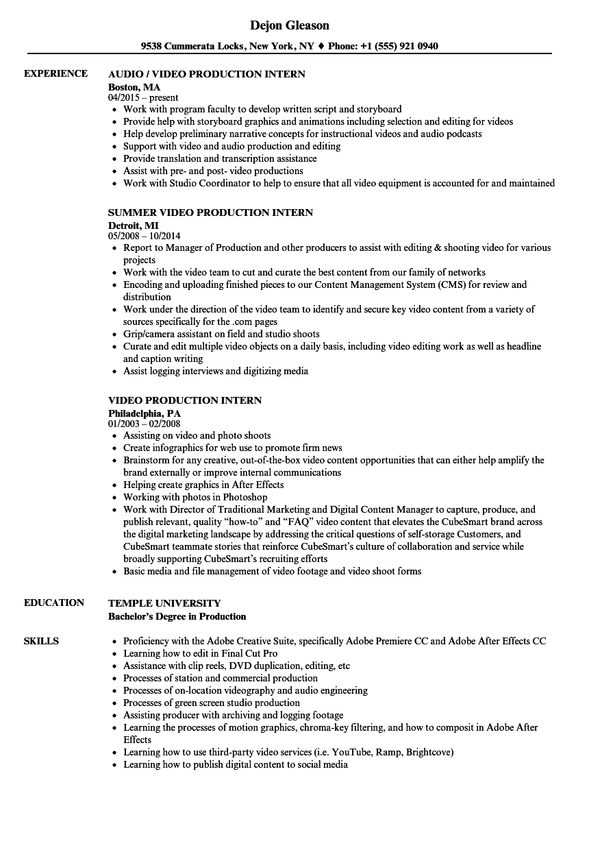 Video Production Intern Resume Samples Velvet Jobs