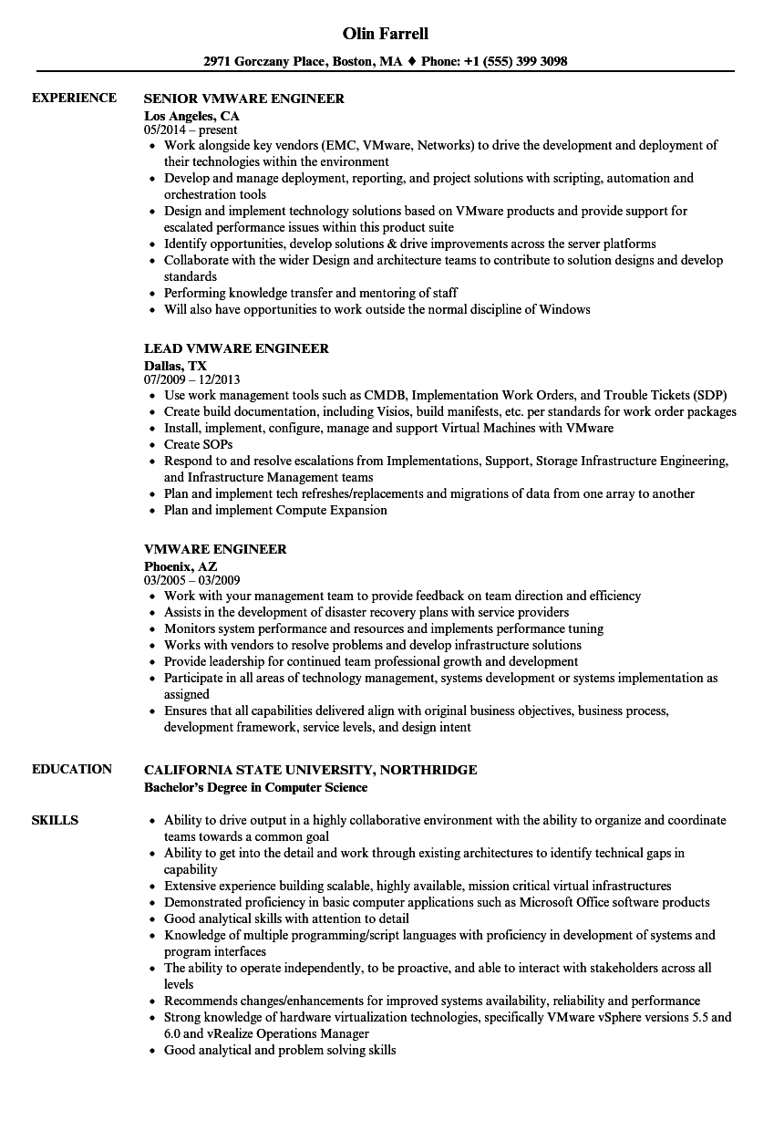 sample resume vmware engineer