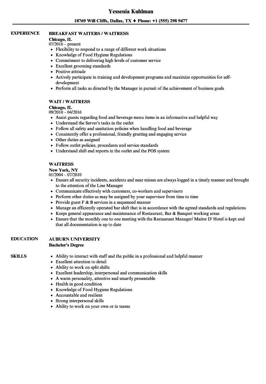 job description for resume waitress