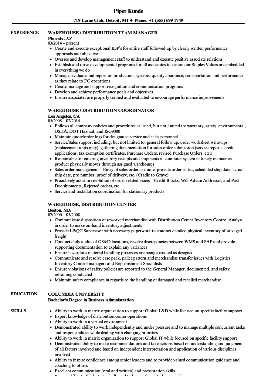 Warehouse, Distribution Resume Samples | Velvet Jobs