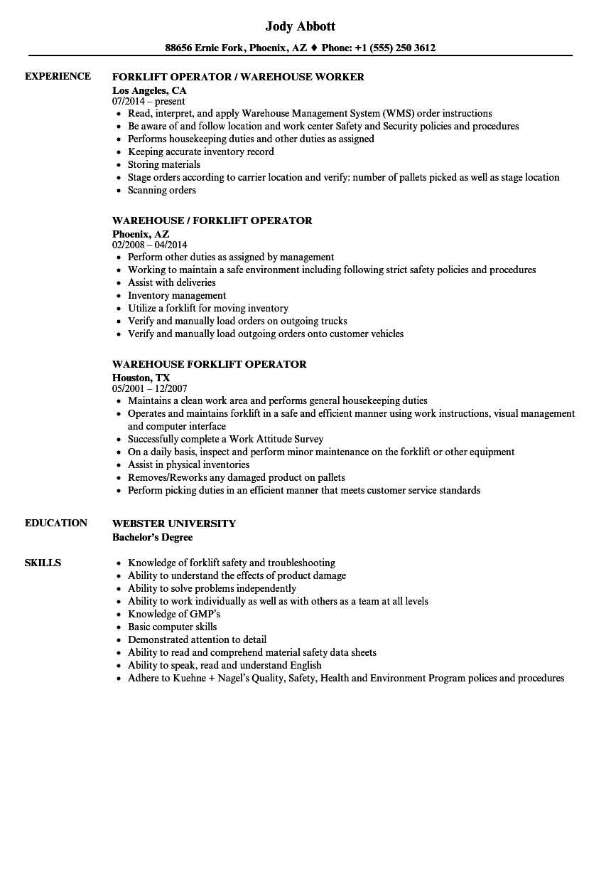 Warehouse Forklift Operator Resume Samples | Velvet Jobs