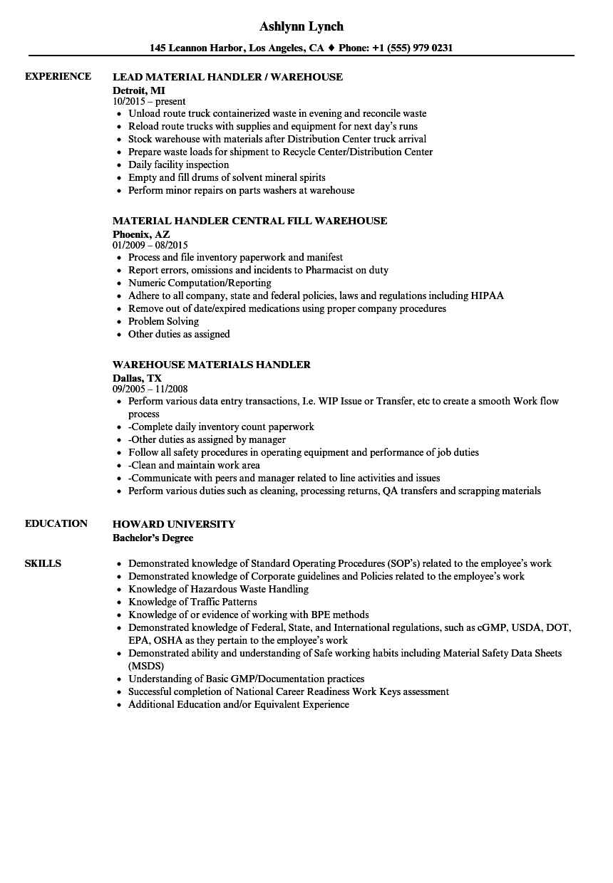 Warehouse Handler Resume Samples