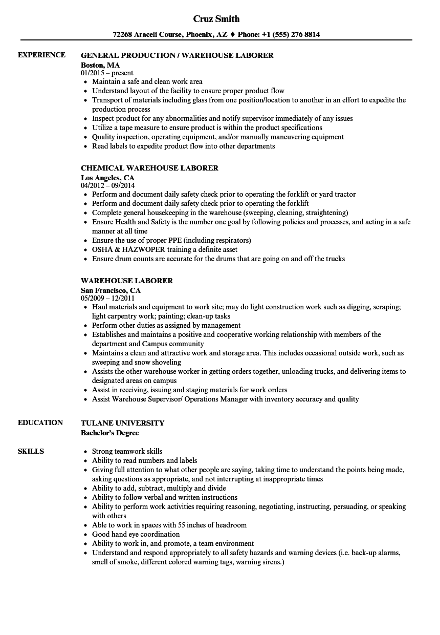 Warehouse Laborer Resume Samples | Velvet Jobs